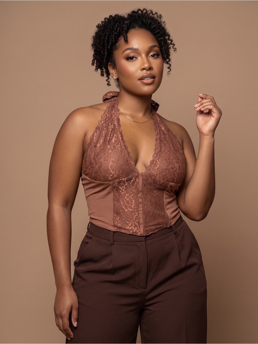 Lace Halter Bralette Crop Top in Brown L